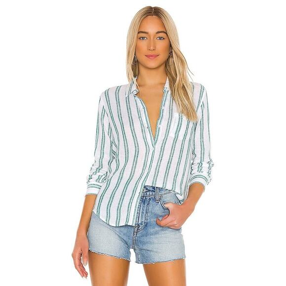 Rails Tops - Rails Charli Cordoba Stripe Button Down White Green Linen Blend Top XXL